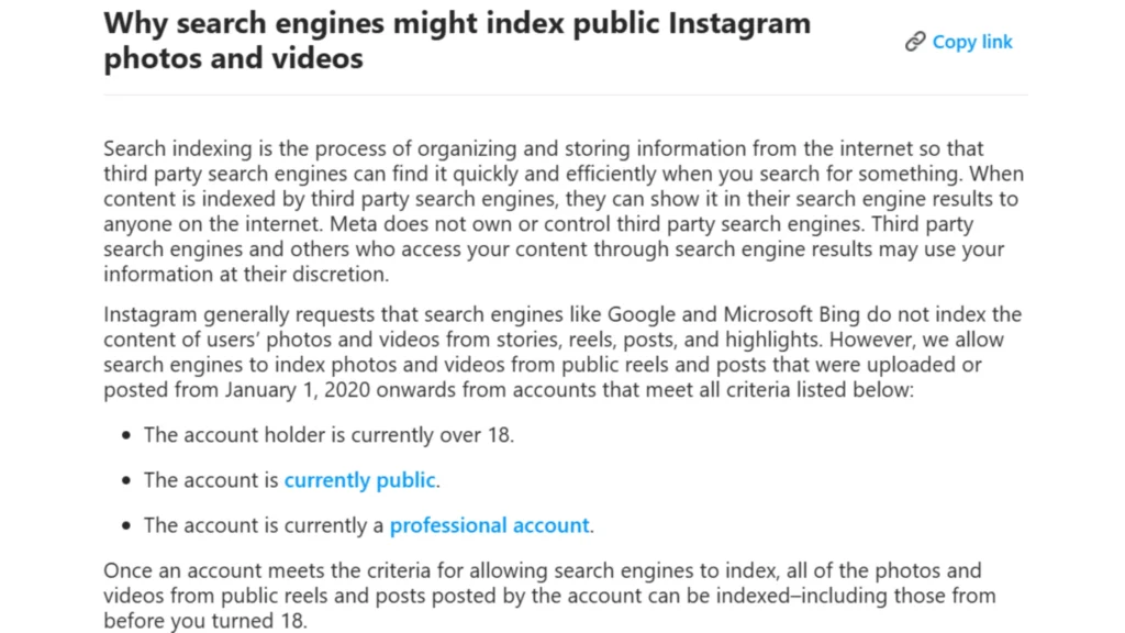Instagram Update regarding indexing